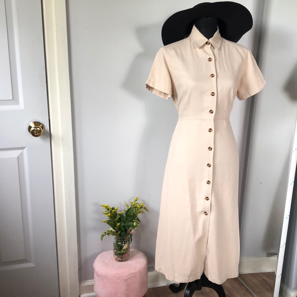 Long tan jacket dress. Button all the way down